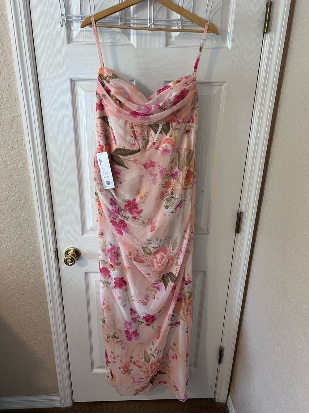 Azazie Mai Pink Abstract Bouquet Floral Sheath Pleated Chiffon Dress Bridesmaid